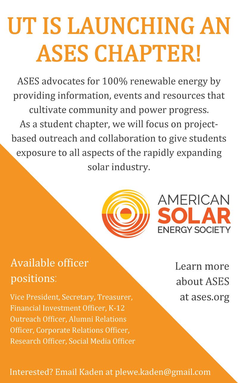 UT is launching an American Solar Energy Society Chapter!